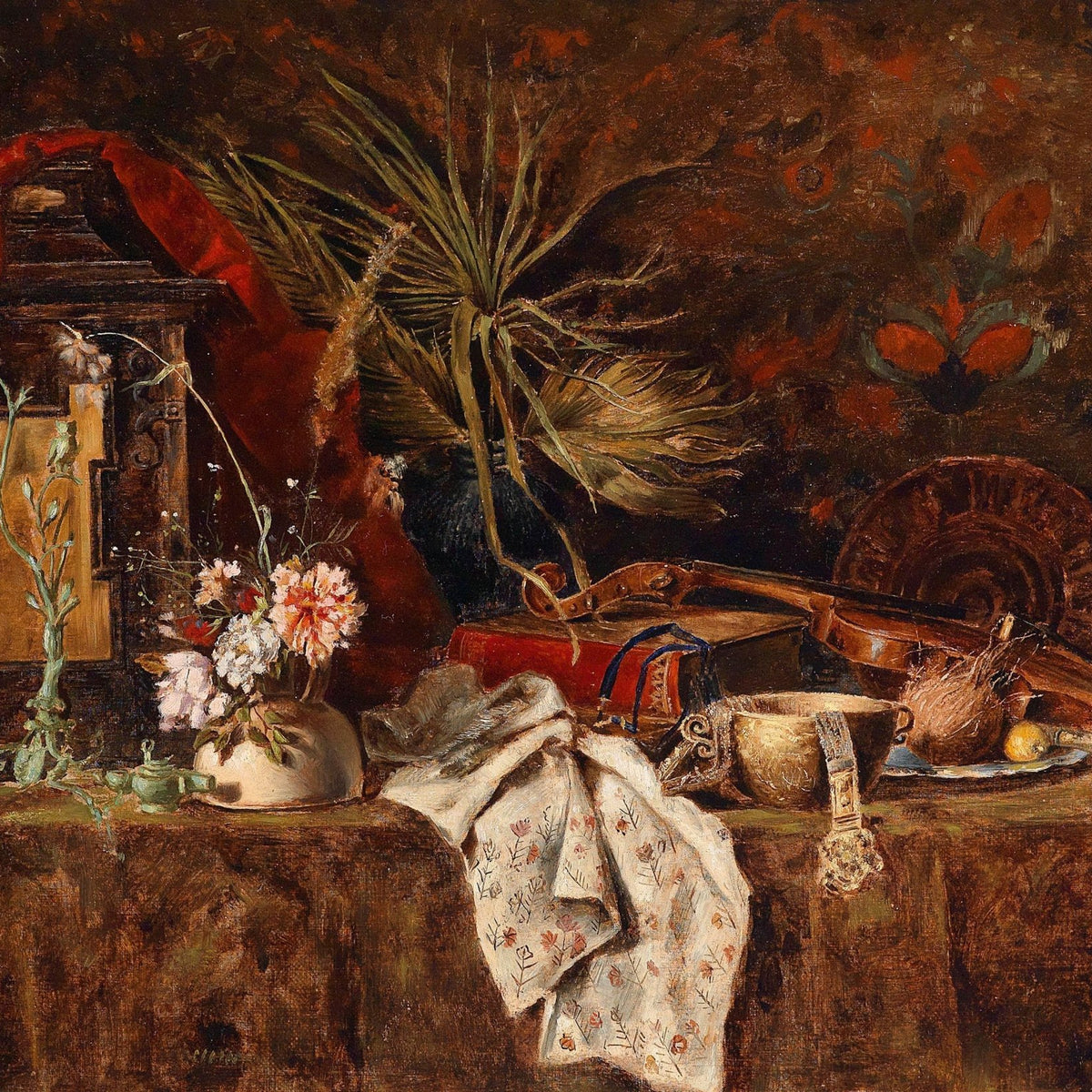 Still Life Oil Painting - Violin, Flowers and Parrot - Oil Painting Haven