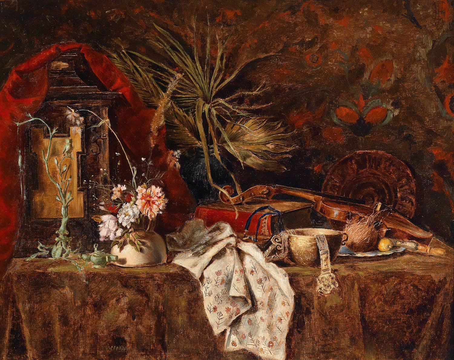 Still Life Oil Painting - Violin, Flowers and Parrot - Oil Painting Haven