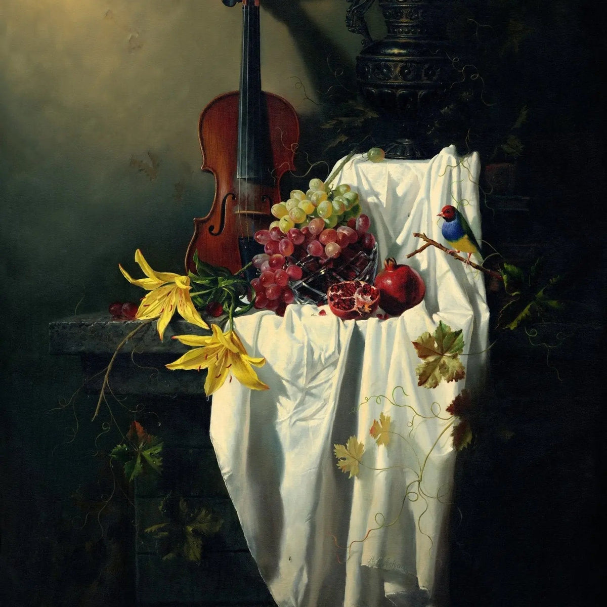 Still Life Oil Painting - Violin, Fruits and Bird - Oil Painting Haven