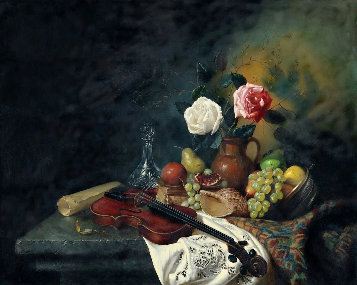 Still Life Oil Painting - Violin, Fruits and Flowers - Oil Painting Haven