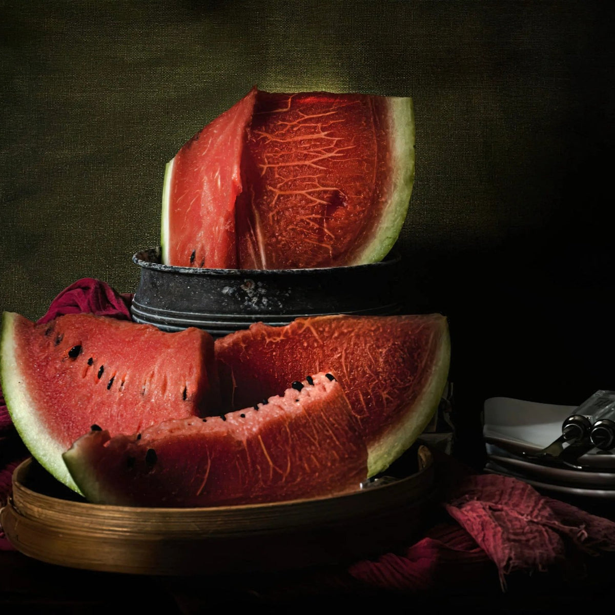 Still Life Oil Painting - Watermelon Slices and Tableware - Oil Painting Haven