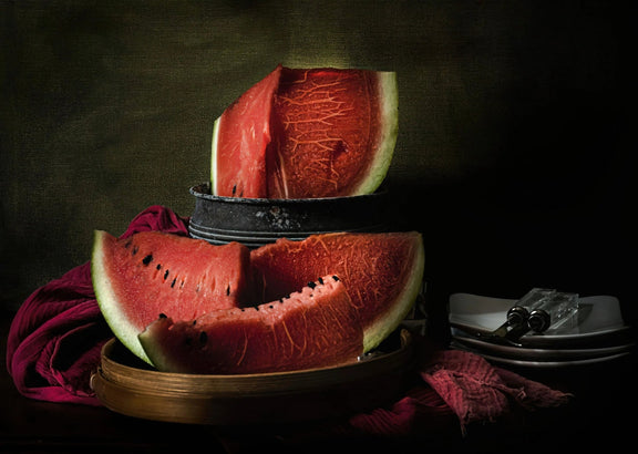 Still Life Oil Painting - Watermelon Slices and Tableware - Oil Painting Haven