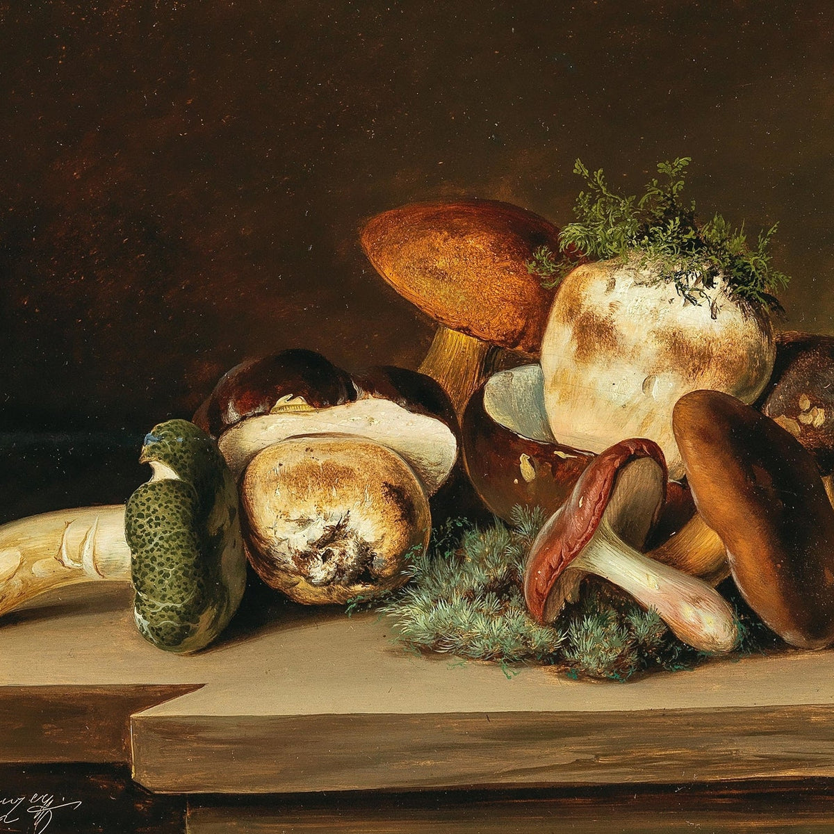 Still Life Oil Painting - Wild Mushrooms and Herbs - Oil Painting Haven