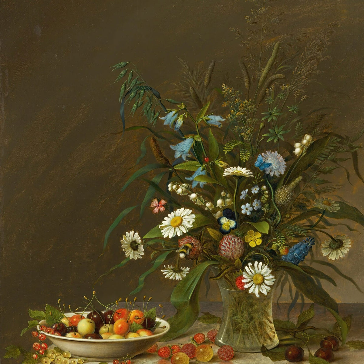 Still Life Oil Painting - Wildflowers and Summer Fruit - Oil Painting Haven