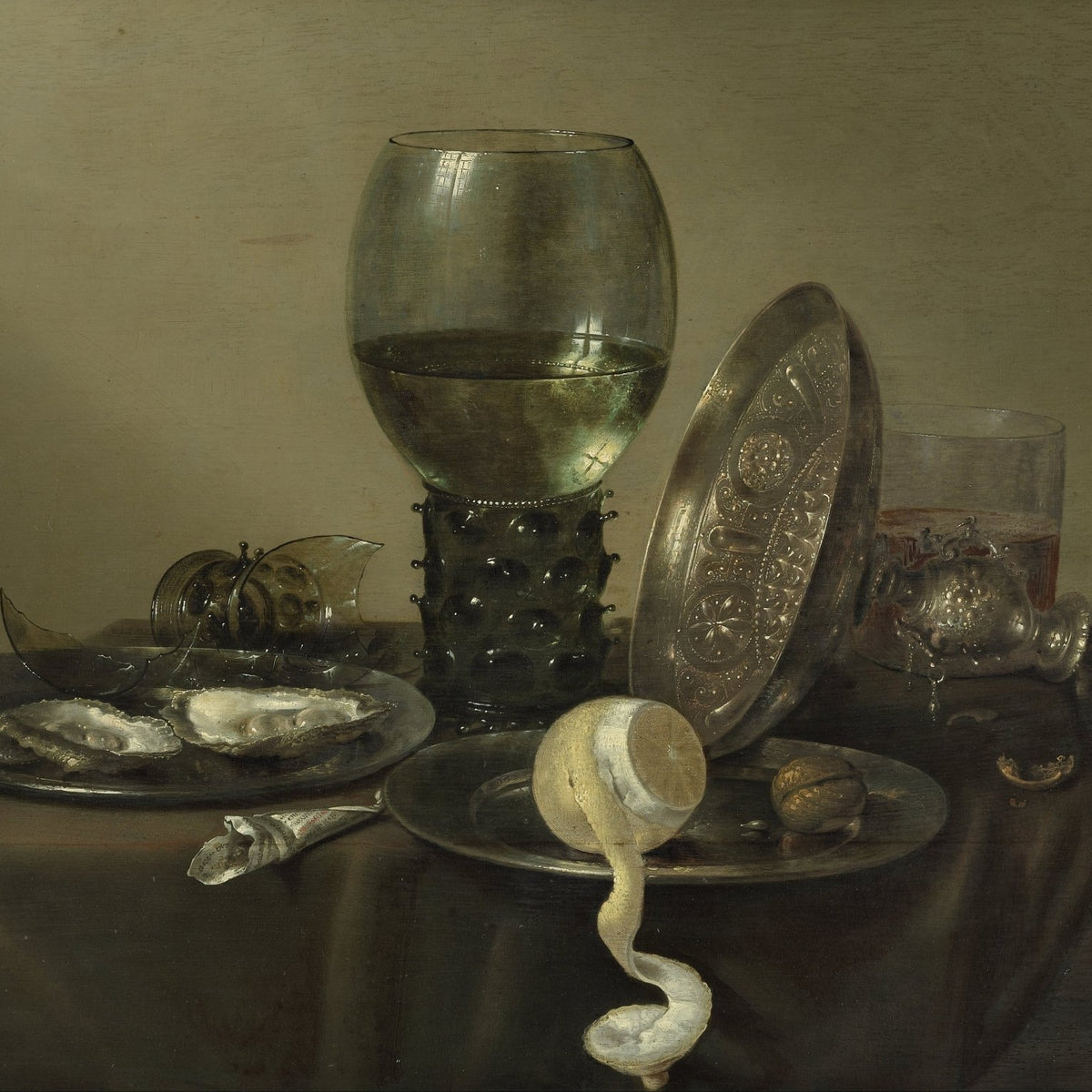 Still Life Oil Painting - Wine Glass and Oysters - Oil Painting Haven