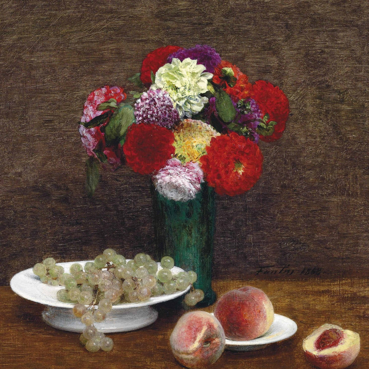 Still Life with Flowers, Grapes and Peaches – Floral Oil Painting - Oil Painting Haven