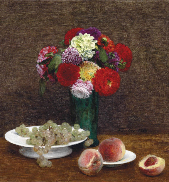 Still Life with Flowers, Grapes and Peaches – Floral Oil Painting - Oil Painting Haven