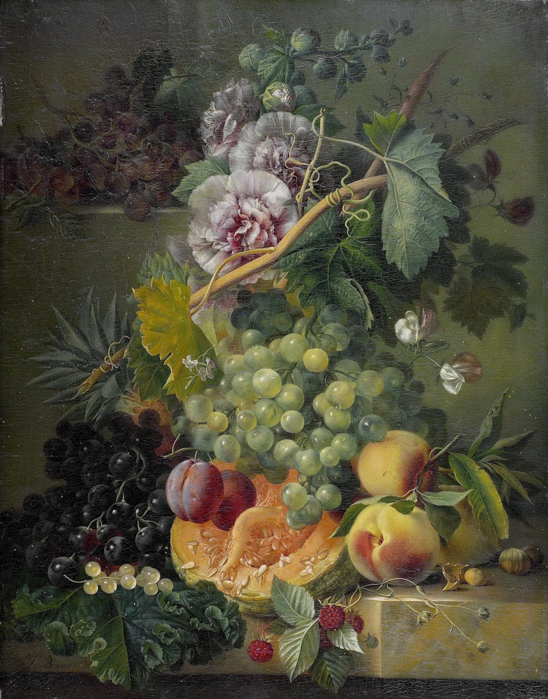 Still Life with Grapes and Peonies in Vase – Floral Oil Painting - Oil Painting Haven