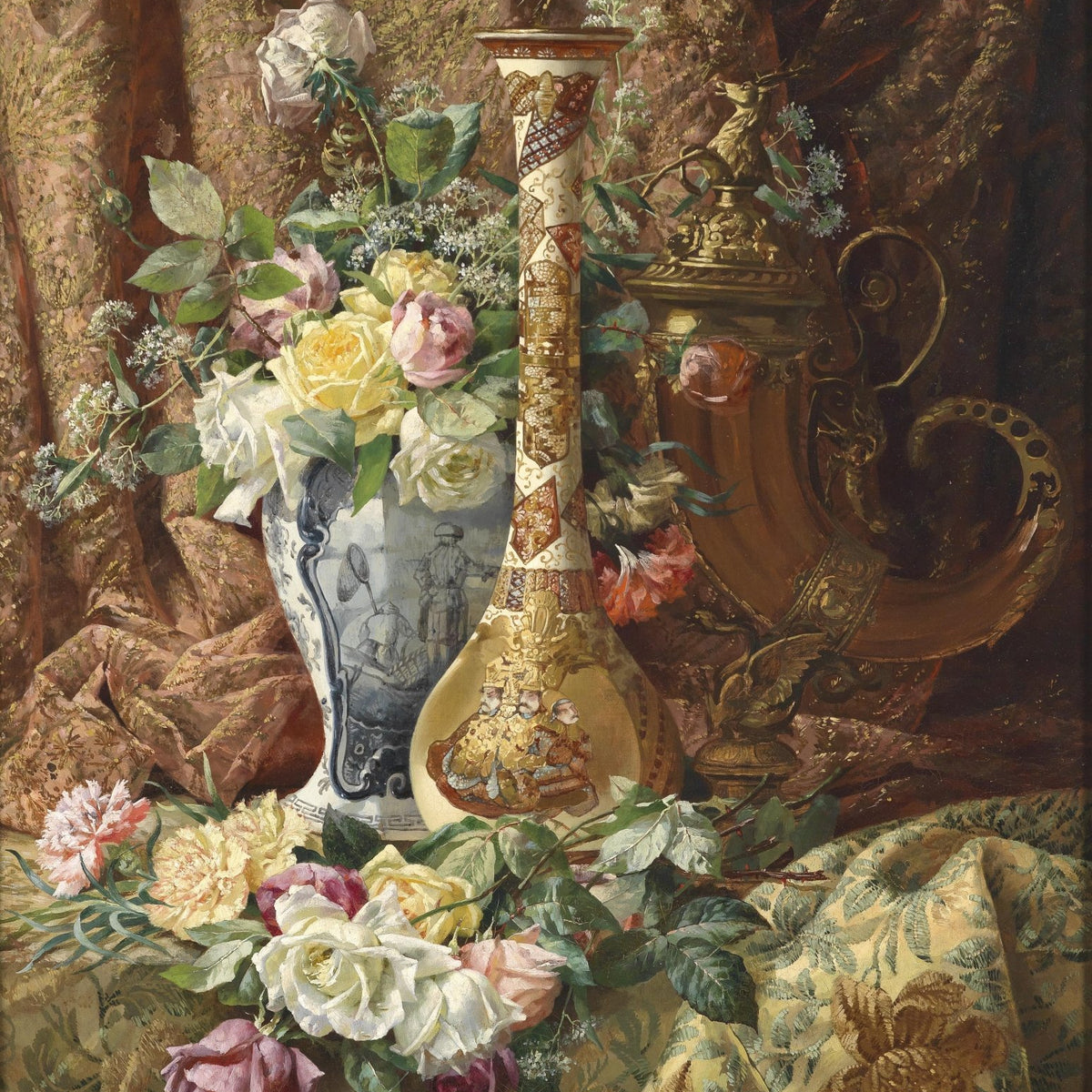 Still Life with Roses and Decorative Vase – Floral Oil Painting - Oil Painting Haven