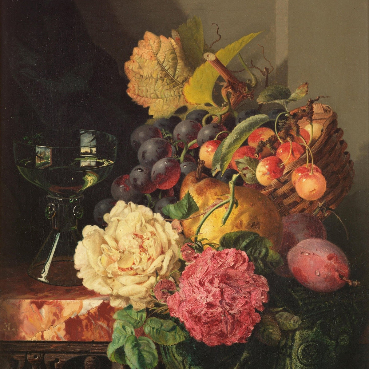 Still Life with Roses and Fruit Basket – Floral Oil Painting - Oil Painting Haven