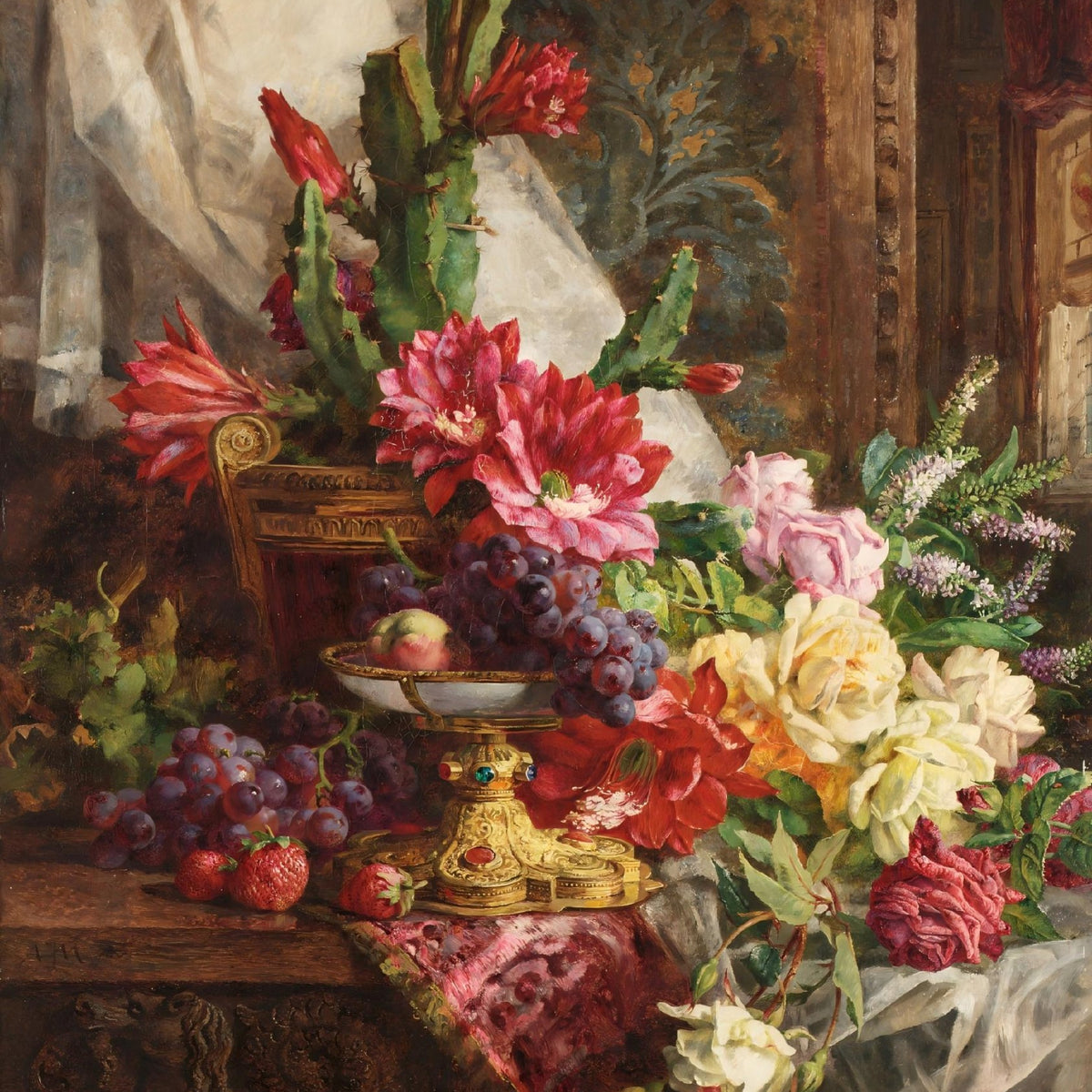Still Life with Roses, Grapes, and Cactus – Floral Oil Painting - Oil Painting Haven