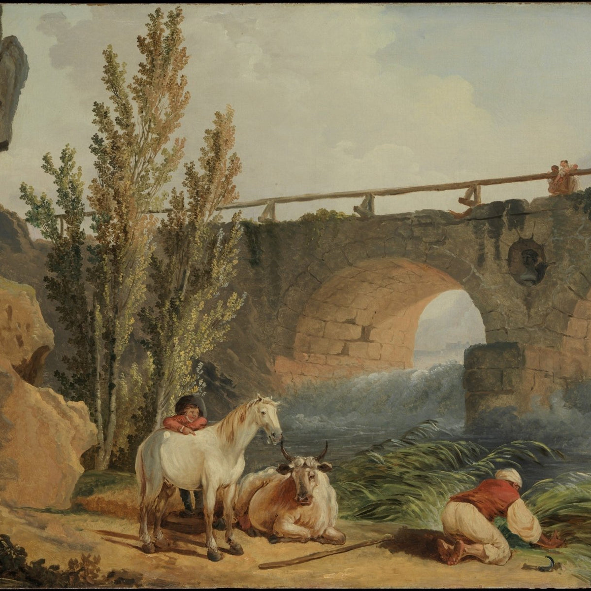 Stone Bridge over River with Shepherd and Horse - Landscape Oil Painting - Oil Painting Haven