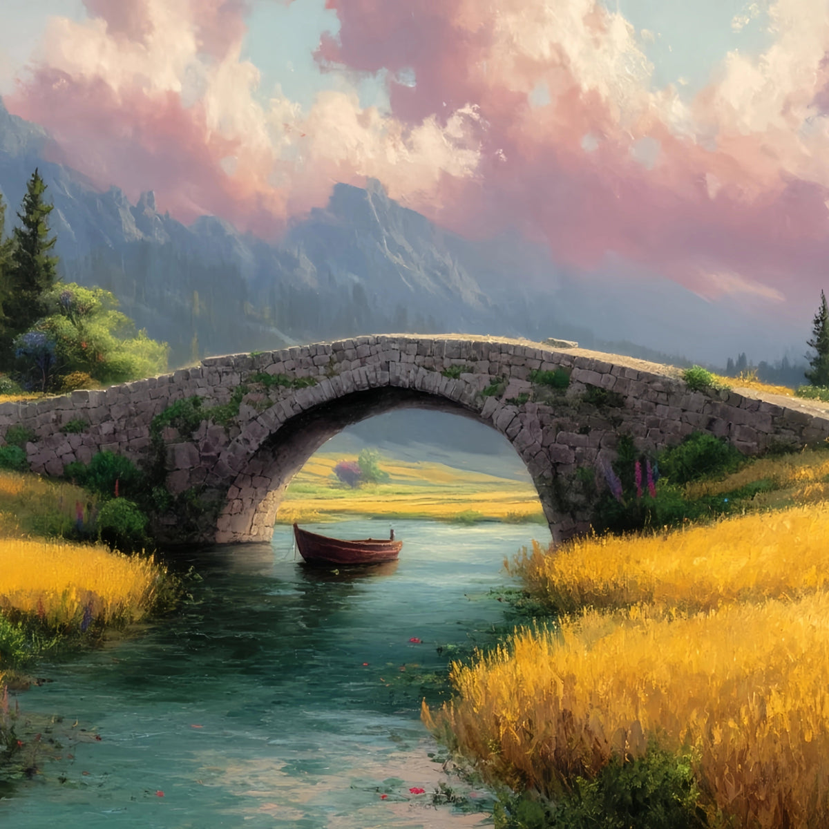 Stone Bridge River Original Oil Painting For Sale | Landscape - Oil Painting Haven
