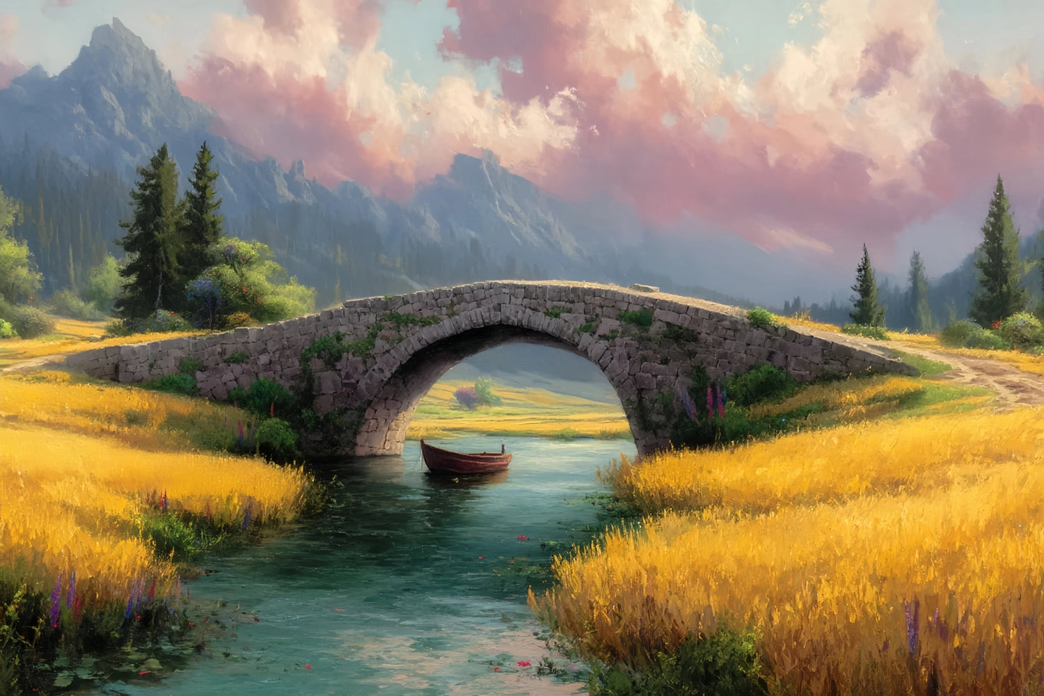Stone Bridge River Original Oil Painting For Sale | Landscape - Oil Painting Haven