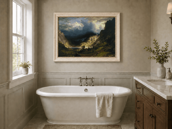 Framed hand-painted Rocky Mountains oil painting with a dramatic storm over Mount Rosalie displayed above a freestanding bathtub.