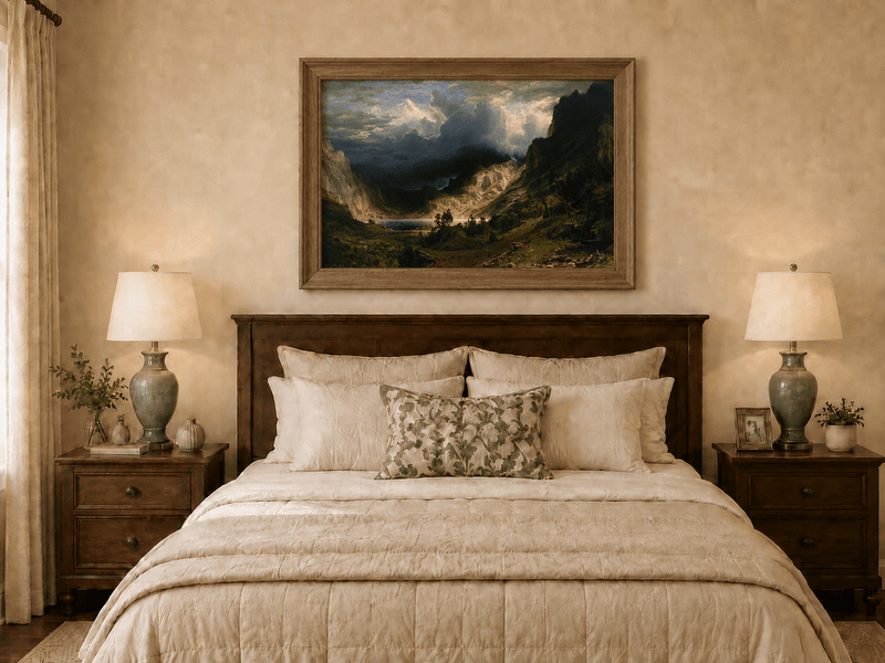 Framed hand-painted Rocky Mountains oil painting with a dramatic storm over Mount Rosalie displayed above a wooden bed in a neutral bedroom.