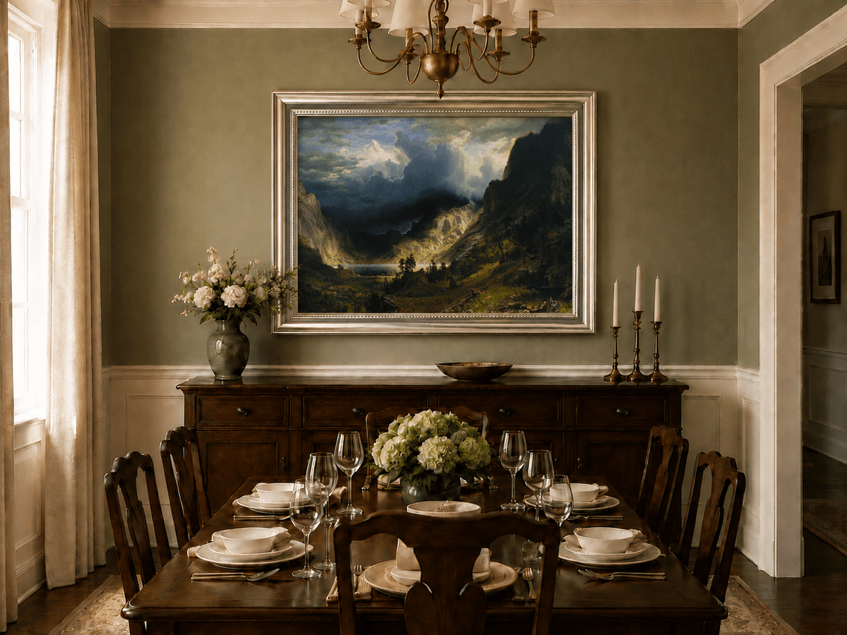 Framed hand-painted Rocky Mountains oil painting with a dramatic storm over Mount Rosalie displayed above a formal dining table.