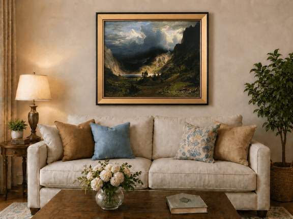 Framed hand-painted Rocky Mountains oil painting with a dramatic storm over Mount Rosalie displayed above a neutral living room sofa.