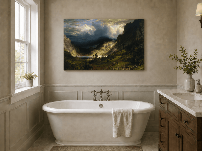 Unframed hand-painted Rocky Mountains oil painting with a dramatic storm over Mount Rosalie displayed above a freestanding bathtub.