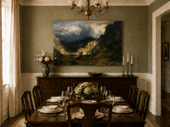 Unframed hand-painted Rocky Mountains oil painting with a dramatic storm over Mount Rosalie displayed above a formal dining table.