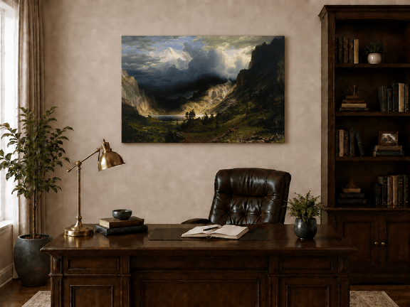 Unframed hand-painted Rocky Mountains oil painting with a dramatic storm over Mount Rosalie displayed above a traditional home office desk.