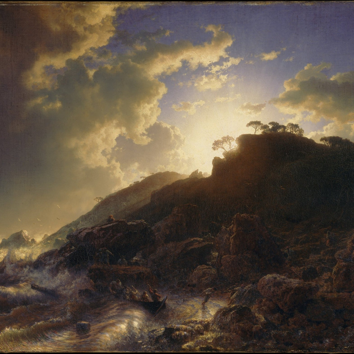 Stormy Coast at Sunset with Fishermen - Landscape Oil Painting - Oil Painting Haven