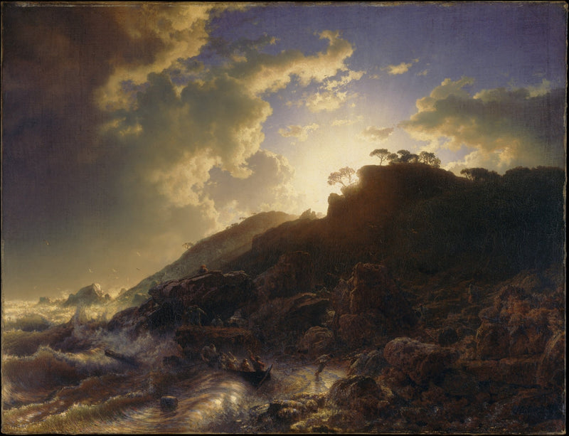 Stormy Coast at Sunset with Fishermen - Landscape Oil Painting - Oil Painting Haven