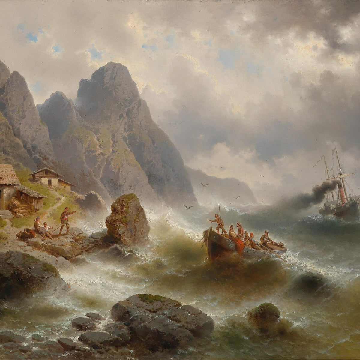 Stormy Coast with Fishermen | Hand - Painted Seascape Oil Painting - Oil Painting Haven