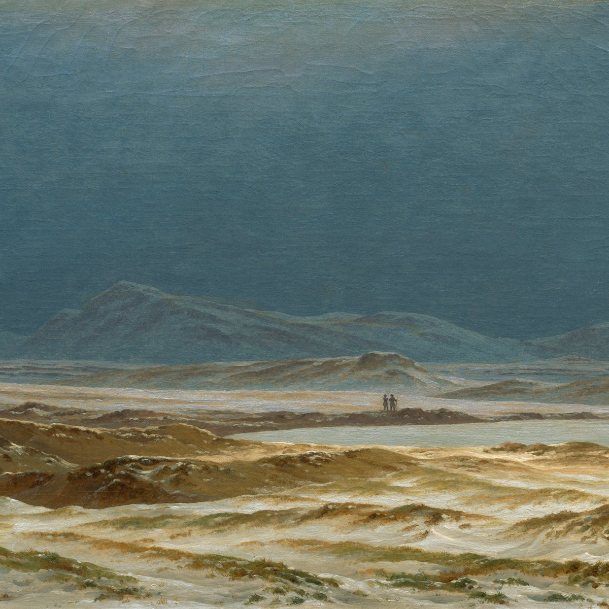 Hand-painted stormy coastal dunes, distant mountains landscape oil painting on canvas