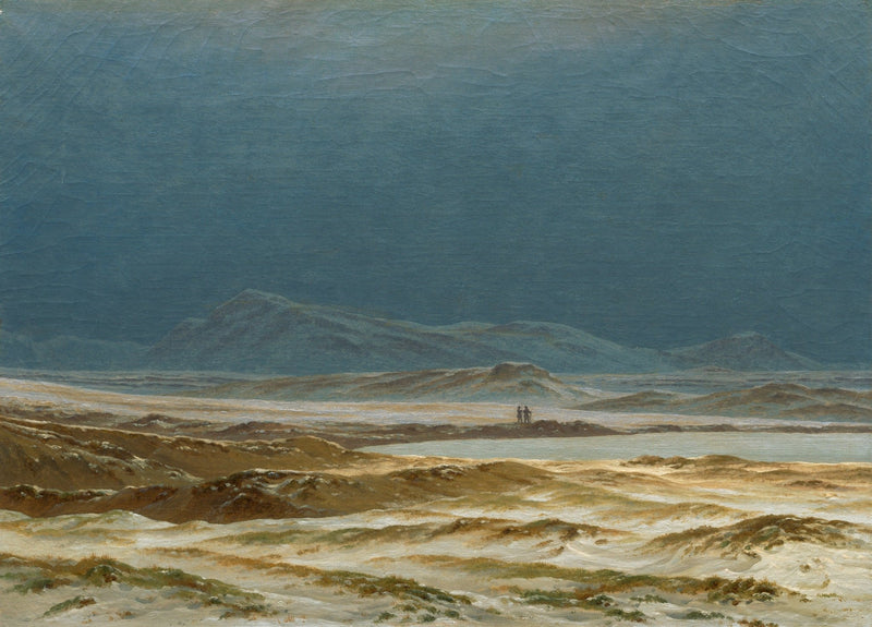 Hand-painted stormy coastal dunes, distant mountains landscape oil painting on canvas