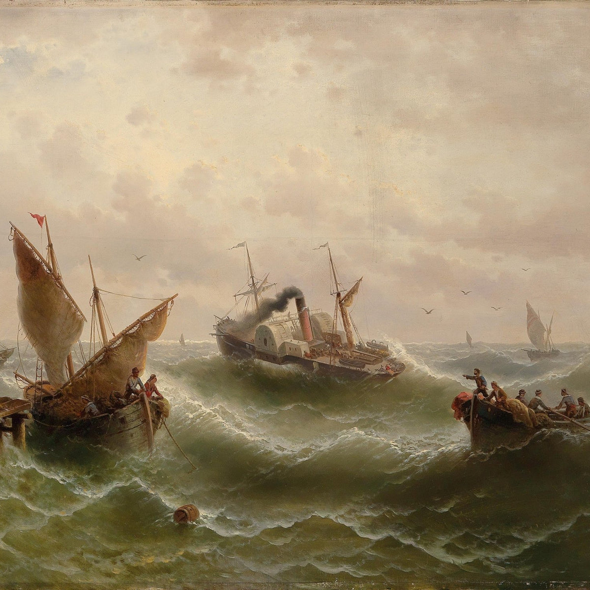 Hand-painted stormy coastal rescue scene nautical oil painting on canvas