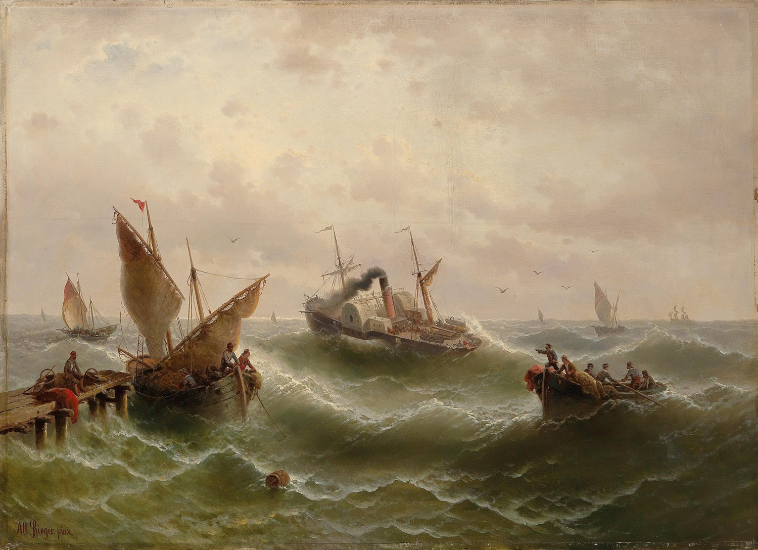 Hand-painted stormy coastal rescue scene nautical oil painting on canvas