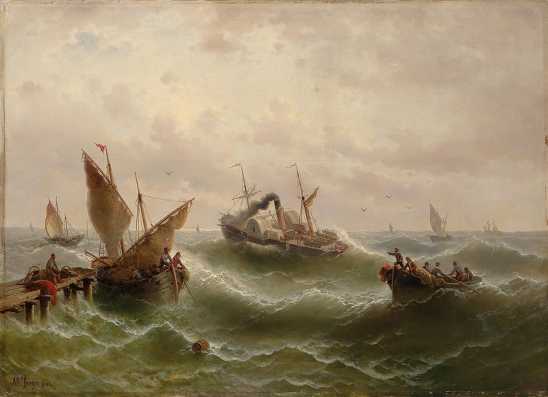 Hand-painted stormy coastal rescue scene nautical oil painting on canvas