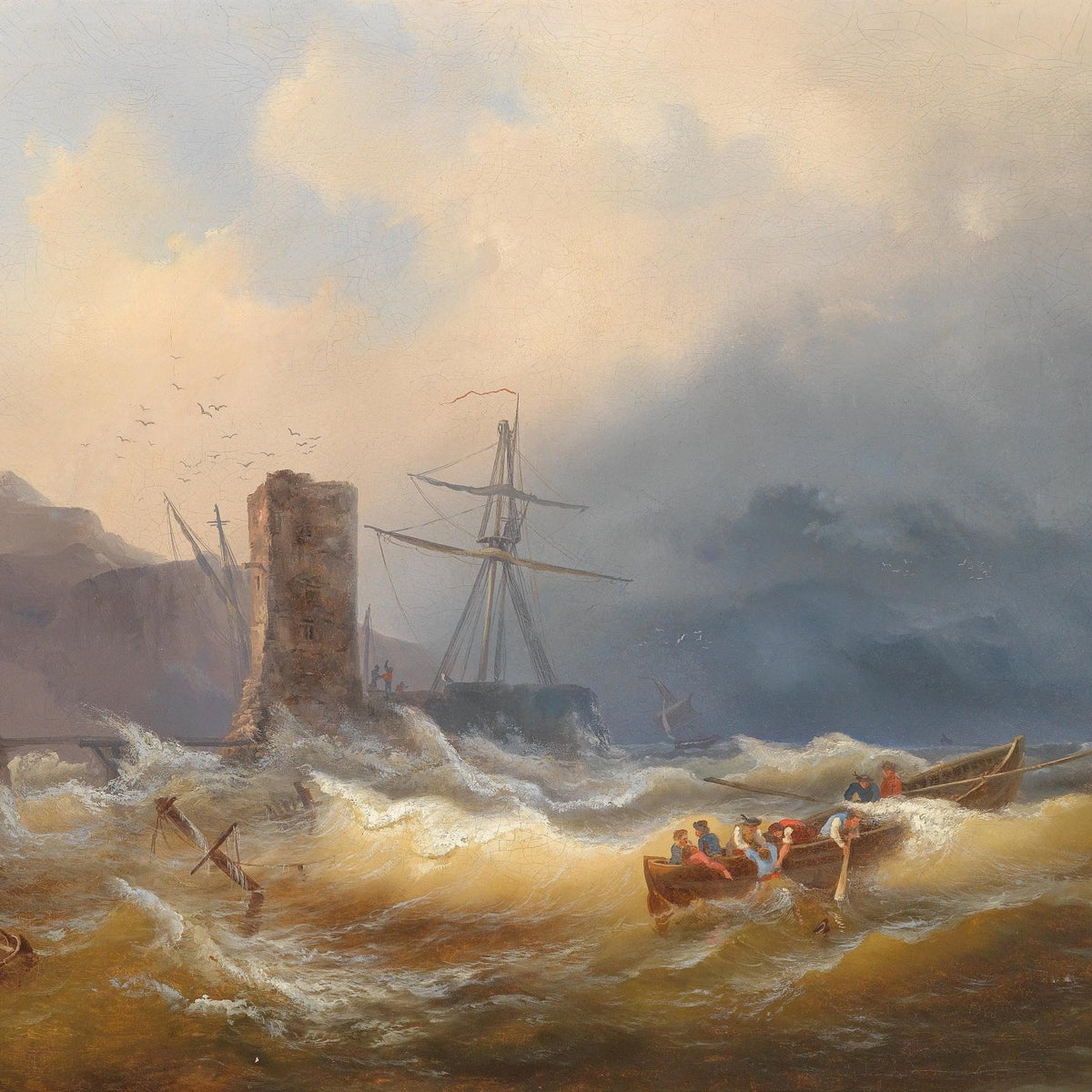 Hand-painted stormy harbor rescue scene nautical oil painting on canvas