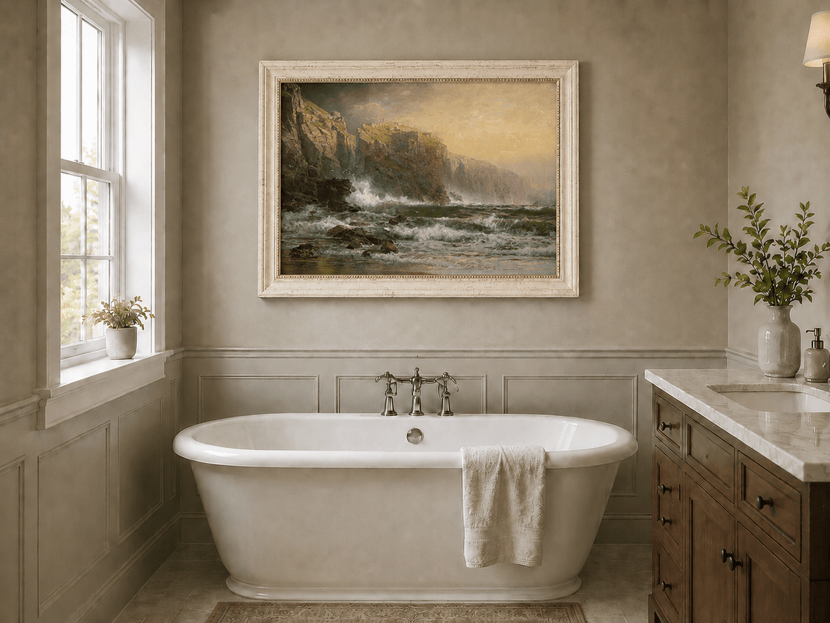 Framed hand-painted stormy seascape oil painting with a reef, surf and golden coastal cliffs displayed above a freestanding bathtub.