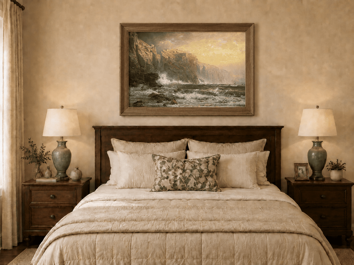 Framed hand-painted stormy seascape oil painting with a reef, surf and golden coastal cliffs displayed above a wooden bed in a neutral bedroom.
