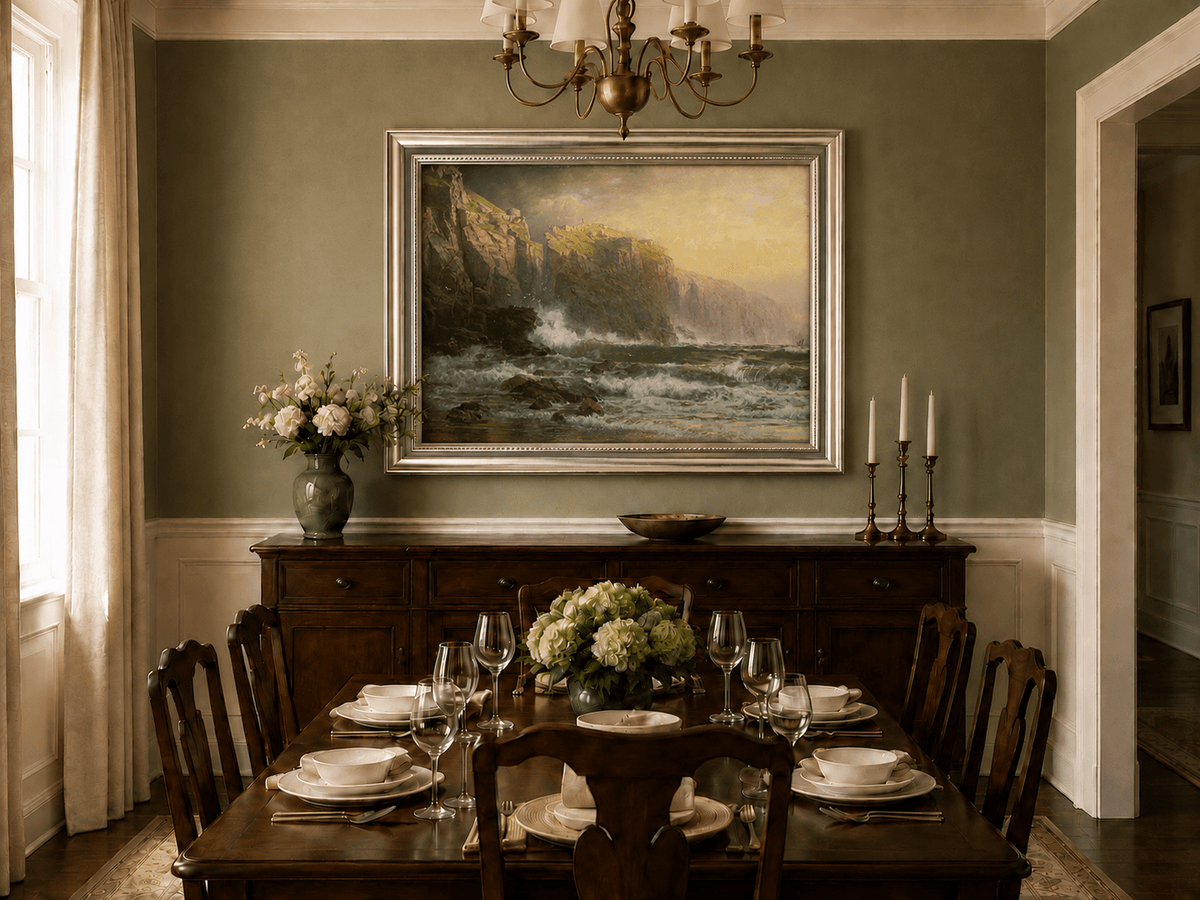 Framed hand-painted stormy seascape oil painting with a reef, surf and golden coastal cliffs displayed above a formal dining table.