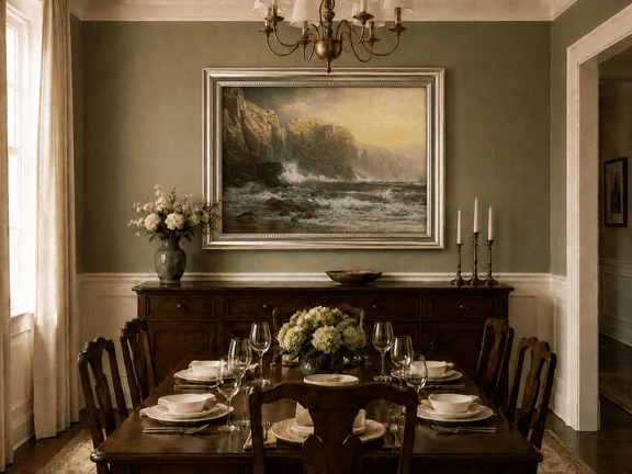 Framed hand-painted stormy seascape oil painting with a reef, surf and golden coastal cliffs displayed above a formal dining table.