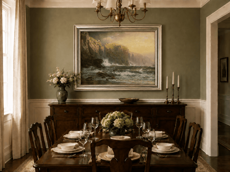 Framed hand-painted stormy seascape oil painting with a reef, surf and golden coastal cliffs displayed above a formal dining table.