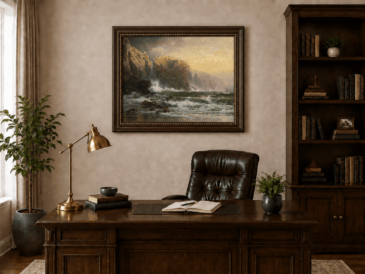Framed hand-painted stormy seascape oil painting with a reef, surf and golden coastal cliffs displayed above a traditional home office desk.