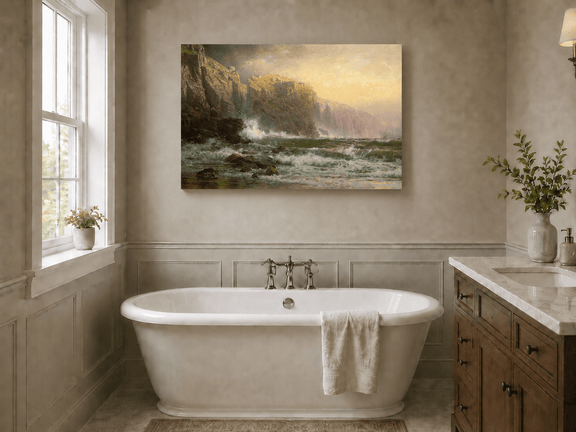 Unframed hand-painted stormy seascape oil painting with a reef, surf and golden coastal cliffs displayed above a freestanding bathtub.