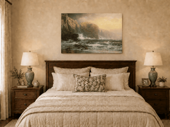 Unframed hand-painted stormy seascape oil painting with a reef, surf and golden coastal cliffs displayed above a wooden bed in a neutral bedroom.
