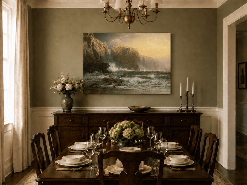 Unframed hand-painted stormy seascape oil painting with a reef, surf and golden coastal cliffs displayed above a formal dining table.