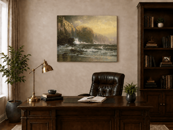 Unframed hand-painted stormy seascape oil painting with a reef, surf and golden coastal cliffs displayed above a traditional home office desk.