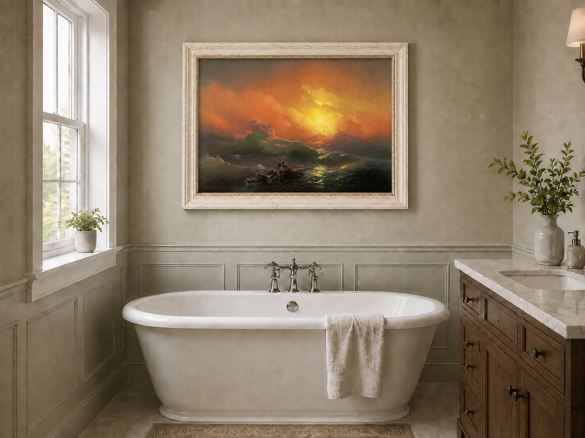 Hand-painted stormy sea with raft at sunset landscape oil painting displayed in a bathroom interior above a bathtub.