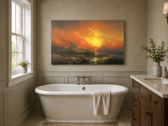 Hand-painted stormy sea with raft at sunset landscape oil painting displayed in a bathroom interior above a bathtub.