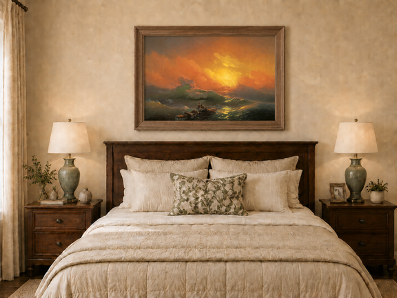 Hand-painted stormy sea with raft at sunset landscape oil painting displayed above a bed in a bedroom interior.