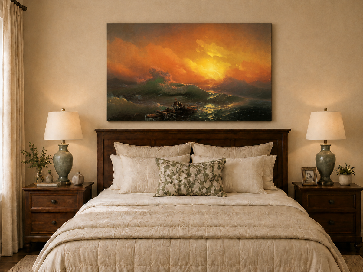 Hand-painted stormy sea with raft at sunset landscape oil painting displayed above a bed in a bedroom interior.