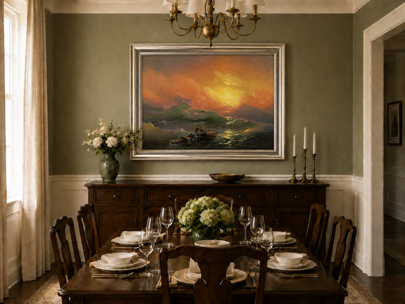 Hand-painted stormy sea with raft at sunset landscape oil painting displayed in a dining room interior.