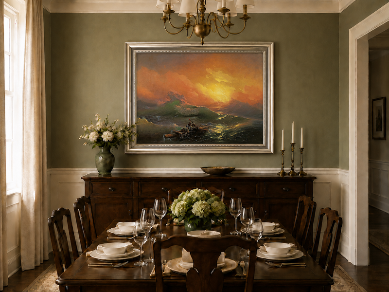Hand-painted stormy sea with raft at sunset landscape oil painting displayed in a dining room interior.